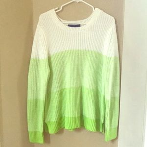 Over sized sweater, lime green and white.